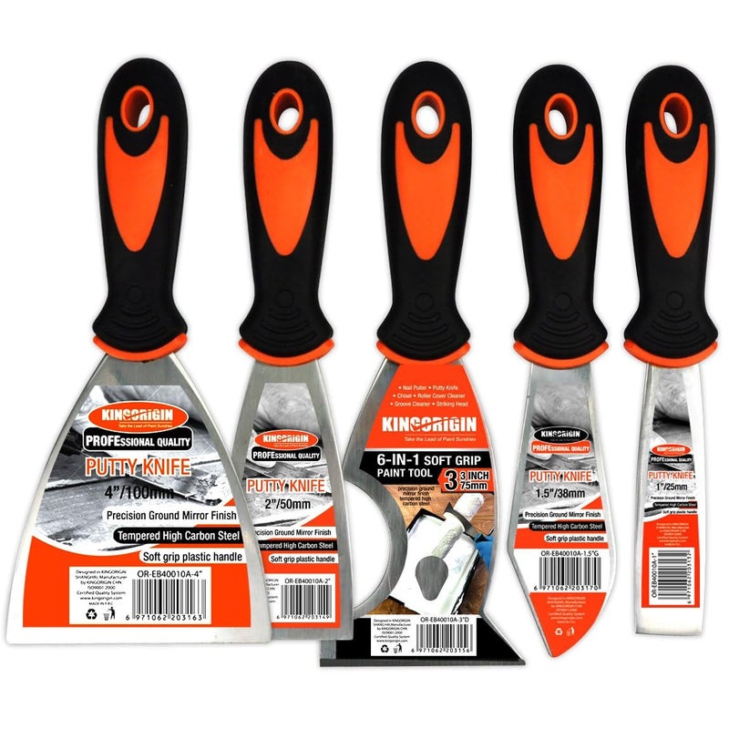 Kingorigin Putty Knife Set, 5 Pcs Paint Scraper (1" 1.5" 2" 3" 4"), Multi-use Scraper Tool, Spackle Knife for Drywall Repair, Wallpaper Removal, Paint Application, Applying Putty, Plaster - Image 1
